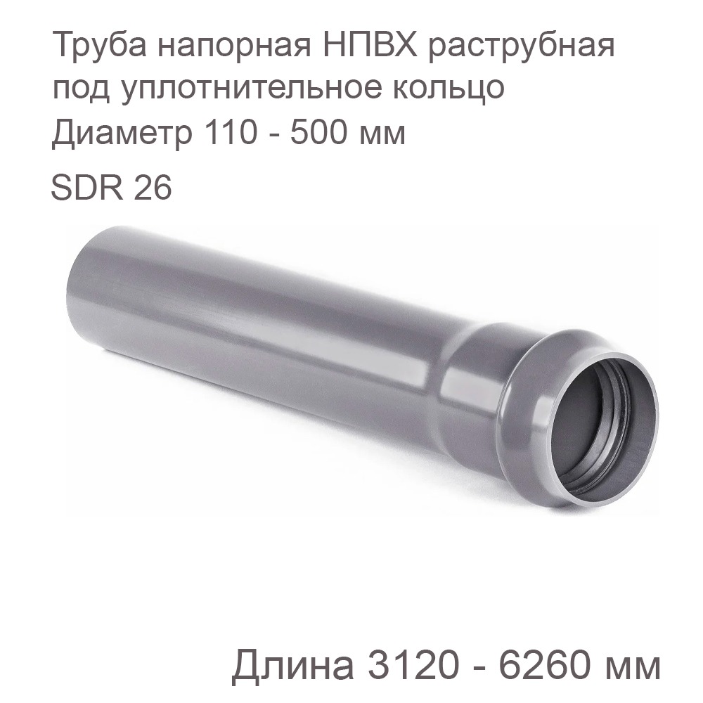 Труба напорная НПВХ раструбная под уплотнительное кольцо SDR 26 PN10 Рабочее давление MOP 1,0 МПа